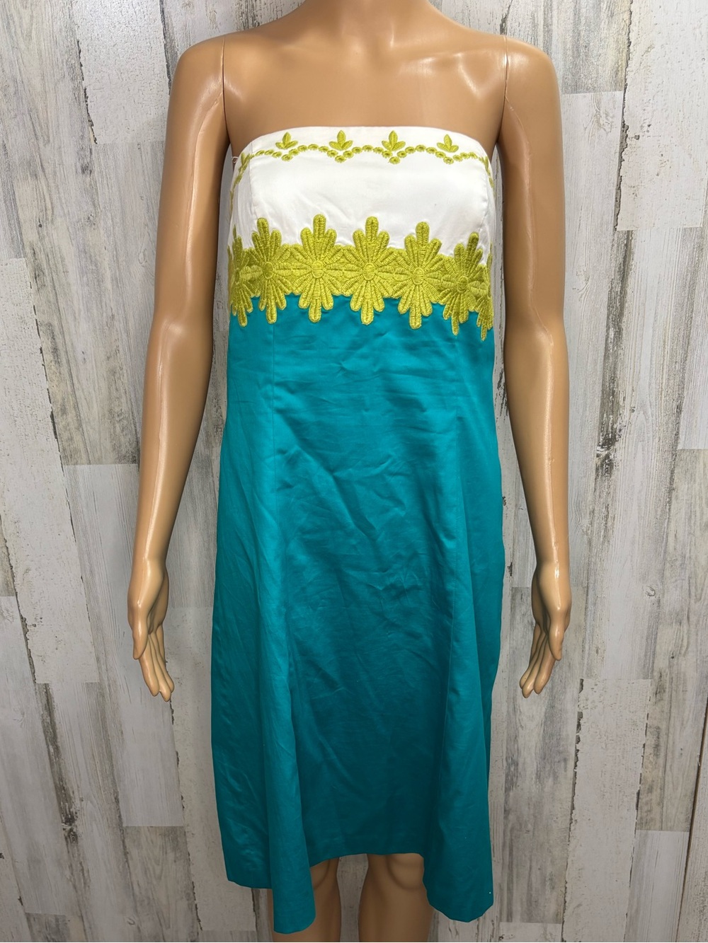 Ann Taylor Teal Strapless Dress with White Bodice and Green Embroidered Trim